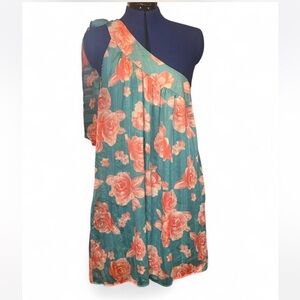 One-Shoulder Floral Midi Dress in Teal and Coral
